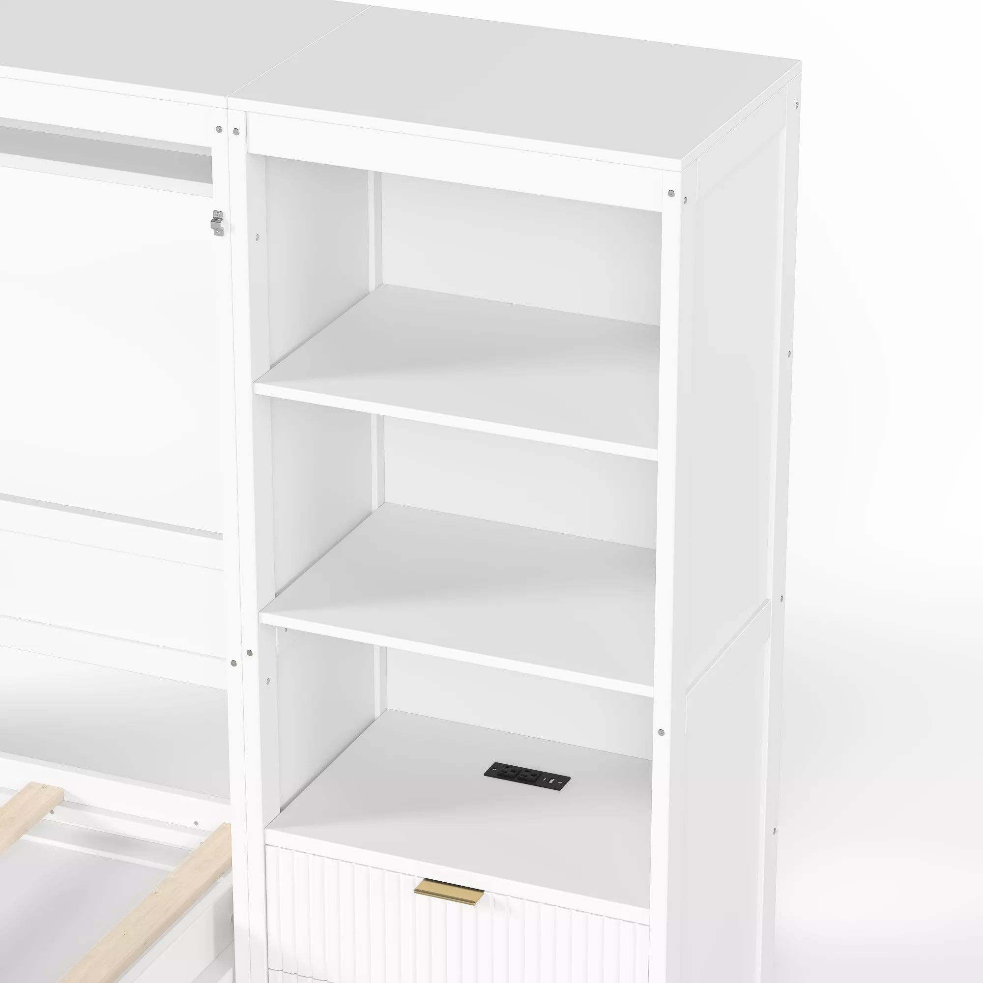 White Murphy bed storage cabinet with open shelves and a pull-out drawer