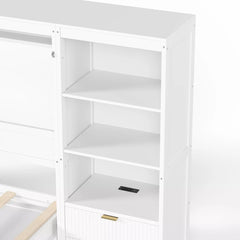 White Murphy bed storage cabinet with open shelves and a pull-out drawer
