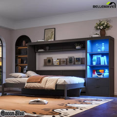 Dark gray Queen Murphy bed in a bedroom with illuminated side storage shelves