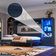 Dark blue Murphy bed cabinet with blue LED display shelves and charging station