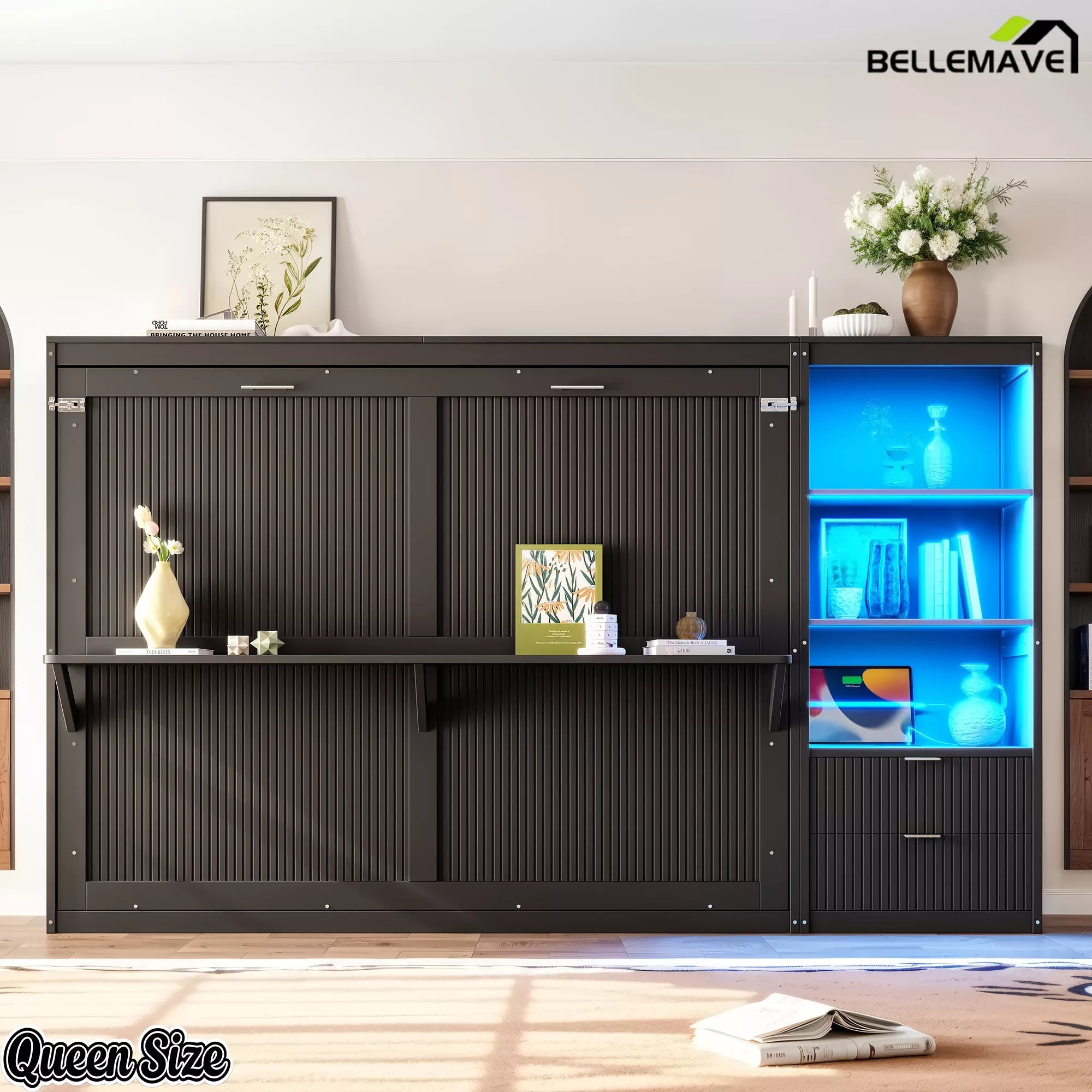 Front view of a closed dark gray Murphy bed cabinet with side storage shelves