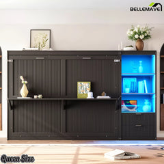 Front view of a closed dark gray Murphy bed cabinet with side storage shelves