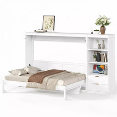 White Queen Murphy bed in sleeping position with matching side storage cabinet
