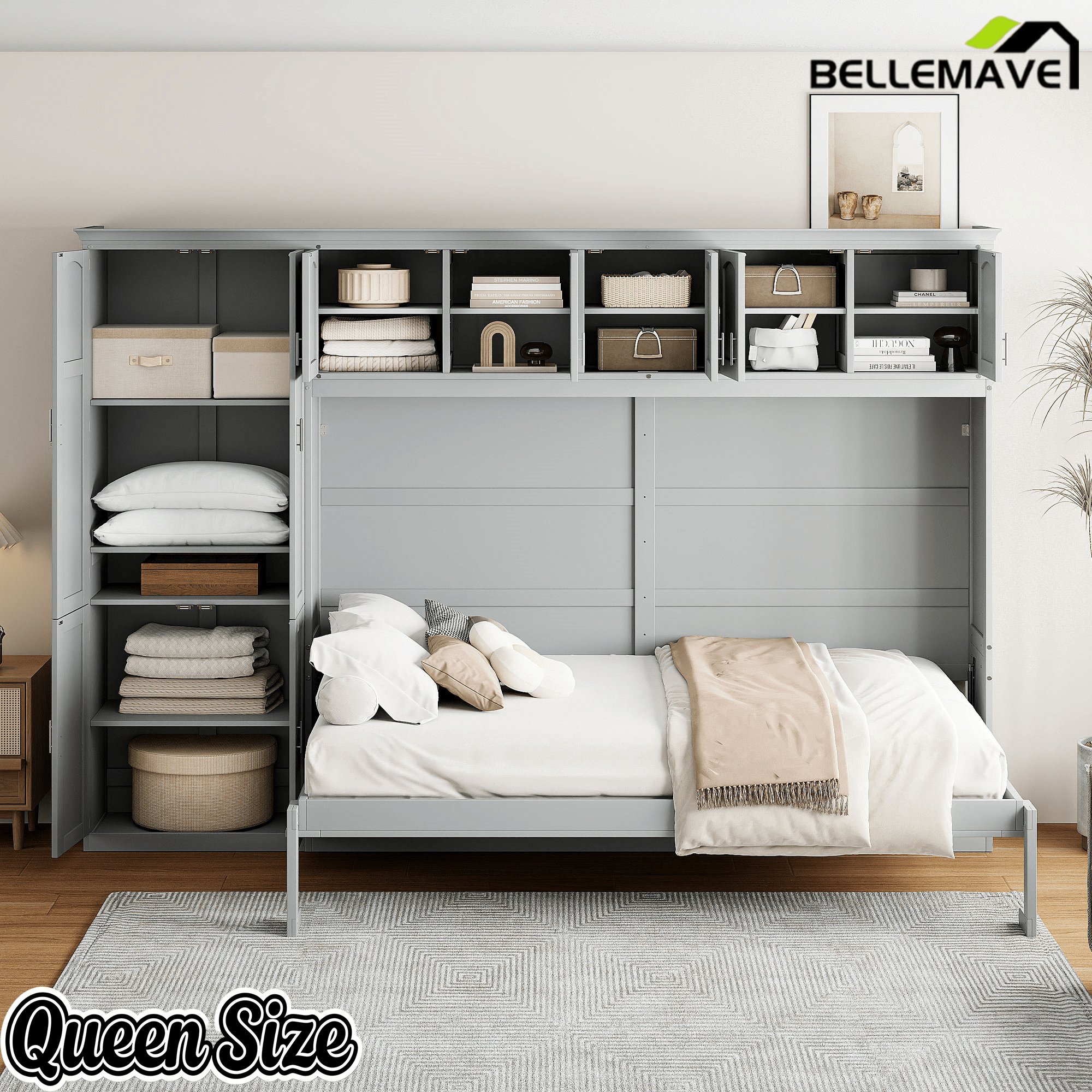 Bellemave® Queen Size Murphy Bed with Storage Cabinets, Foldable Space - Saving Cabinet Bed Wall Bed - Bellemave