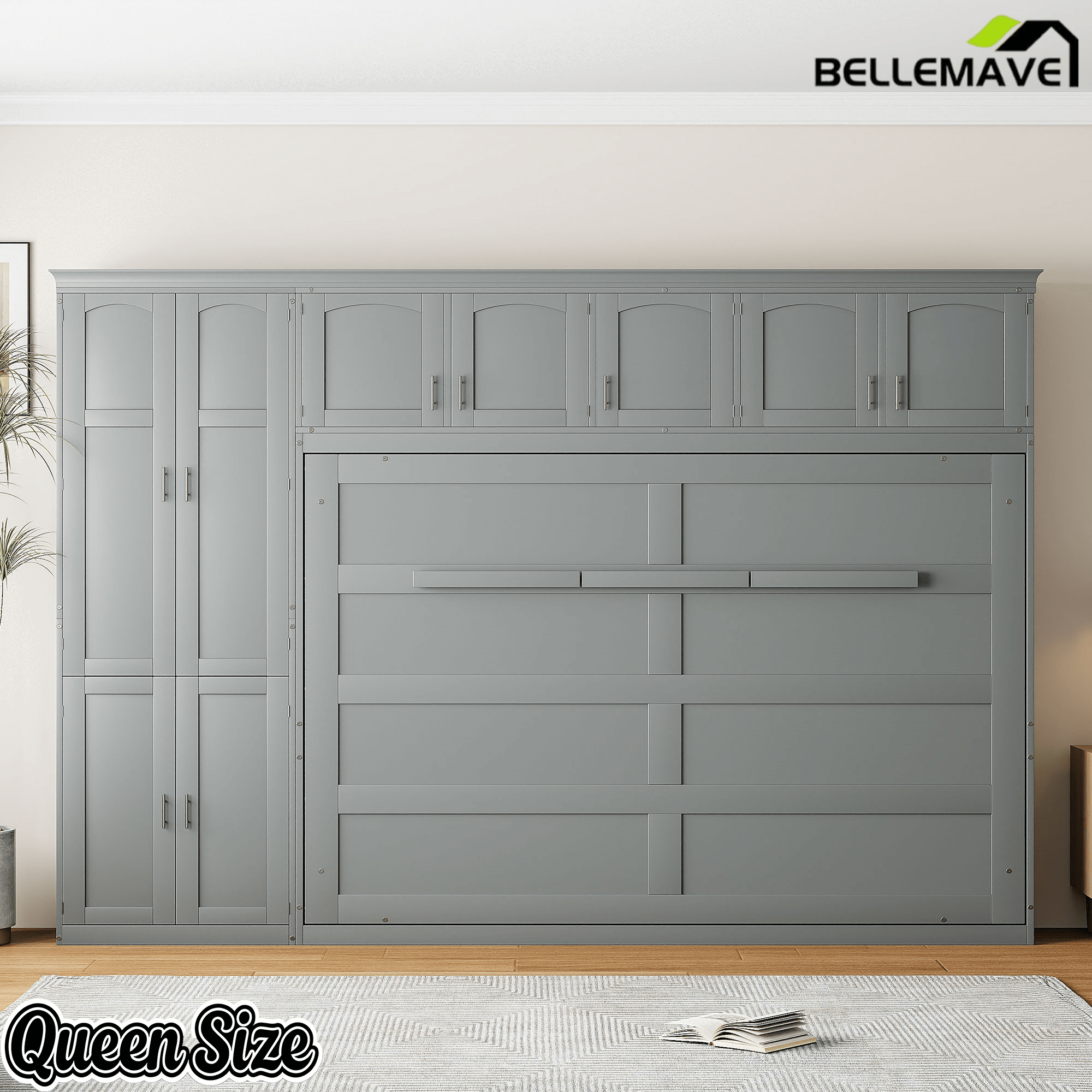 Bellemave® Queen Size Murphy Bed with Storage Cabinets, Foldable Space - Saving Cabinet Bed Wall Bed - Bellemave