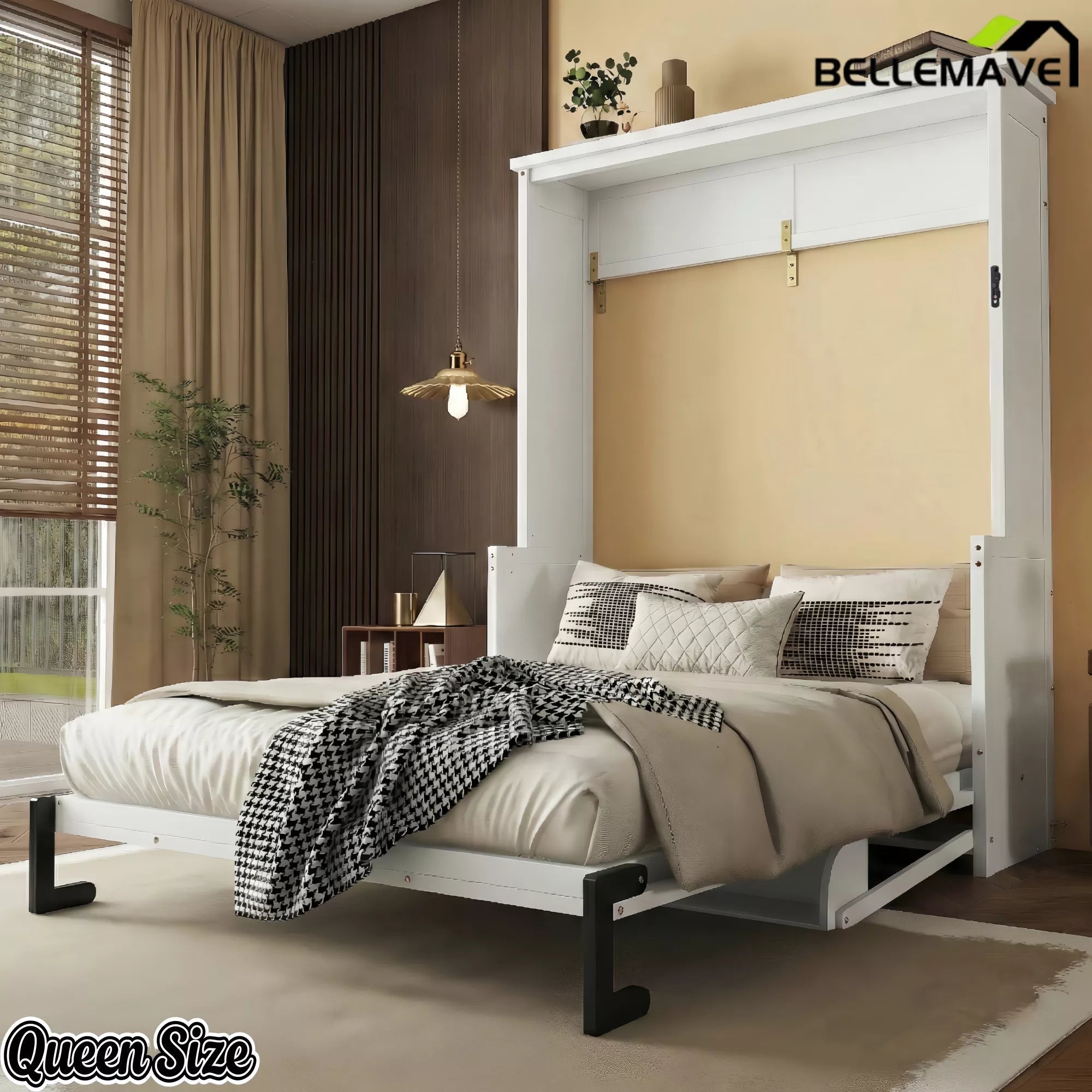 Bellemave® Queen Size Murphy Bed with Wall Cabinet, Space Saving Hidden Wall Bed with Gas Struts - Bellemave