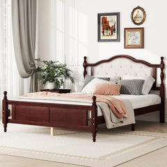 Bellemave® Queen Size Pine wooden Platform Bed with Upholstered Headboard and Panel Footboard - Bellemave
