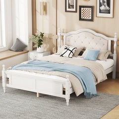 Bellemave® Queen Size Pine wooden Platform Bed with Upholstered Headboard and Panel Footboard - Bellemave