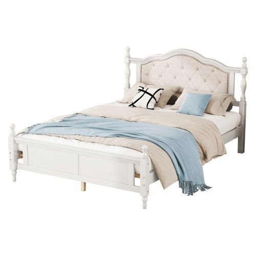 Bellemave® Queen Size Pine wooden Platform Bed with Upholstered Headboard and Panel Footboard - Bellemave