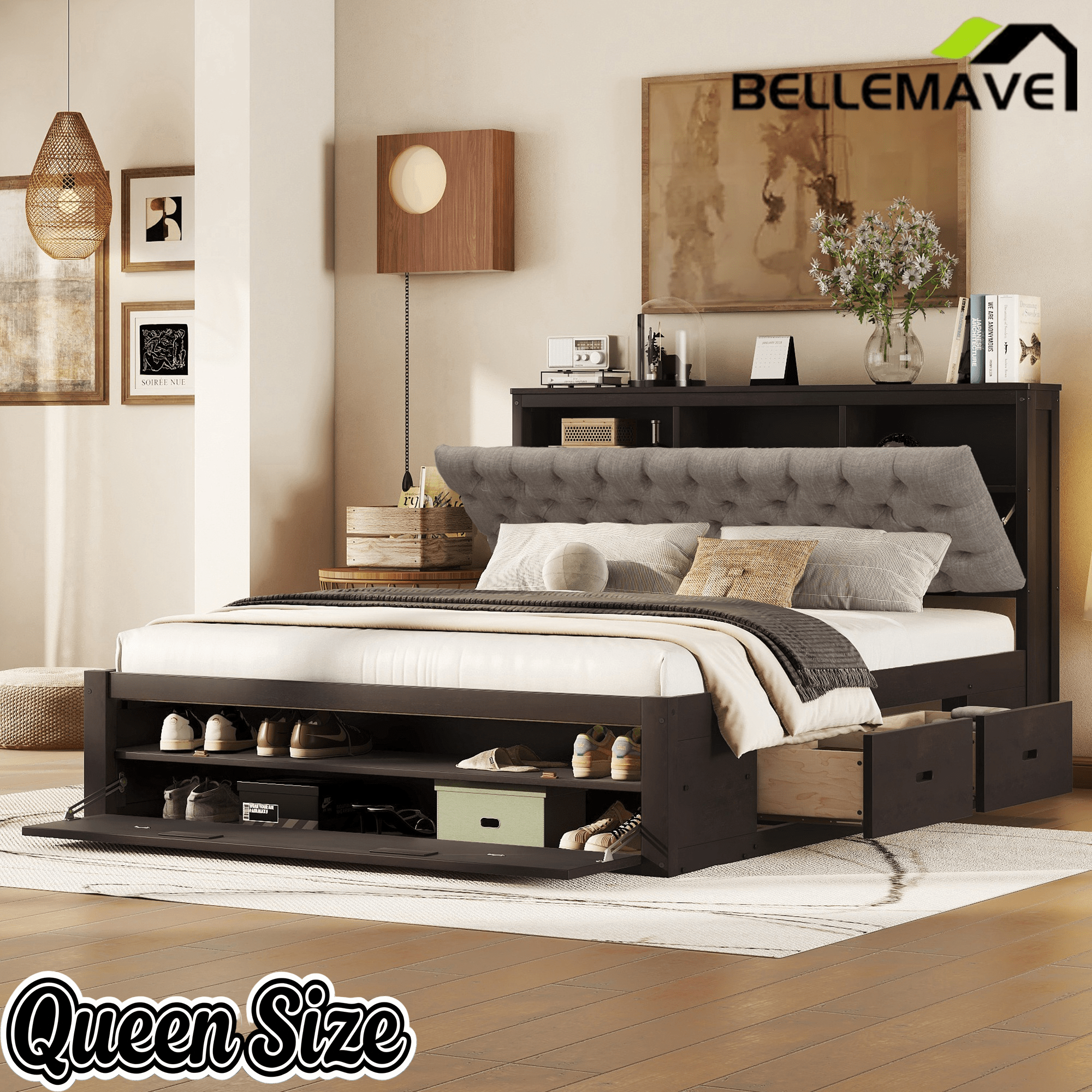 Bellemave® Queen Size Platform Bed with 4 Drawers & Upholstered Storage Headboard, Wooden Queen Bed Frame with Storage Shoe Rack (Espresso/4 Drawers) - Bellemave