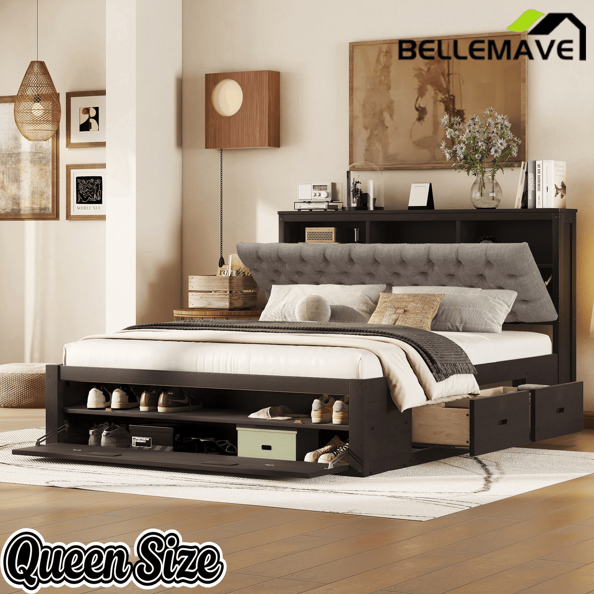 Bellemave® Queen Size Platform Bed with 4 Drawers & Upholstered Storage Headboard, Wooden Queen Bed Frame with Storage Shoe Rack (Espresso/4 Drawers) - Bellemave