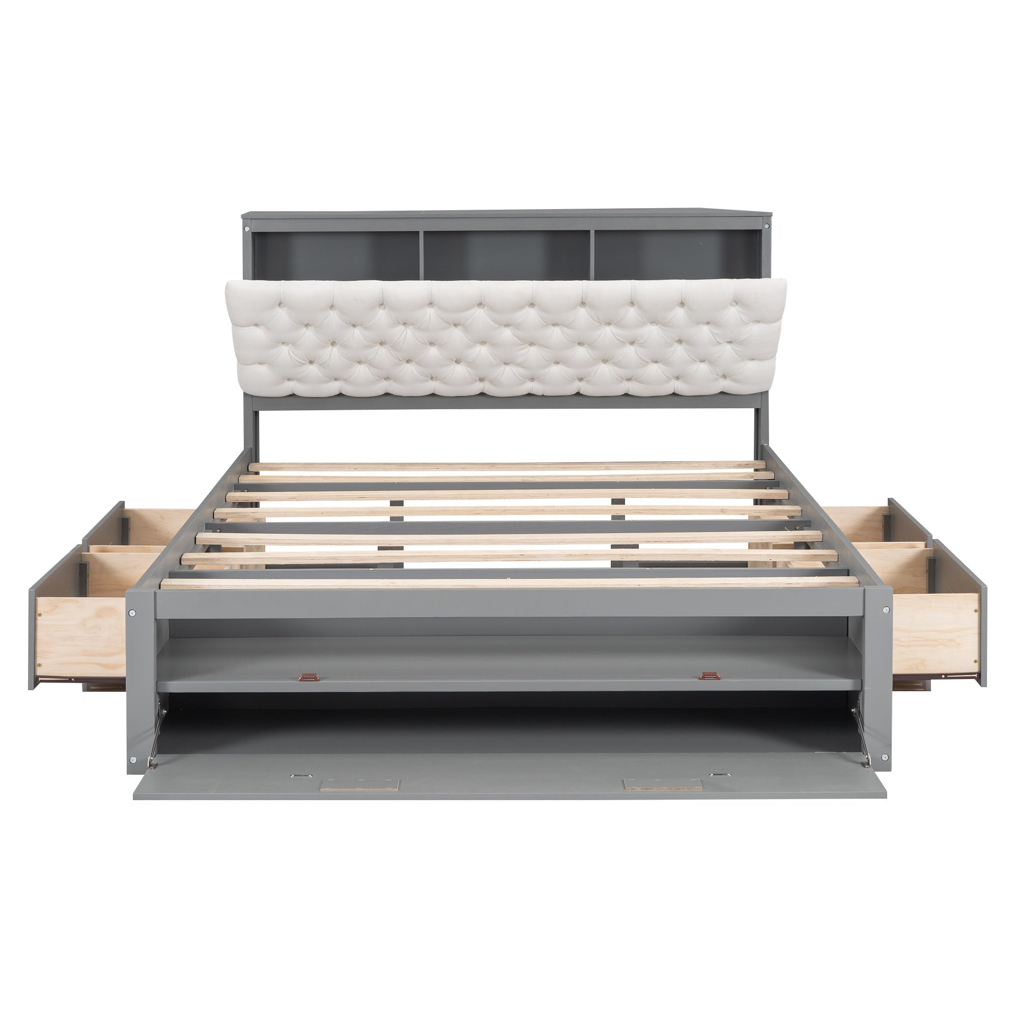 Bellemave® Queen Size Platform Bed with 4 Drawers & Upholstered Storage Headboard, Wooden Queen Bed Frame with Storage Shoe Rack (Espresso/4 Drawers) - Bellemave