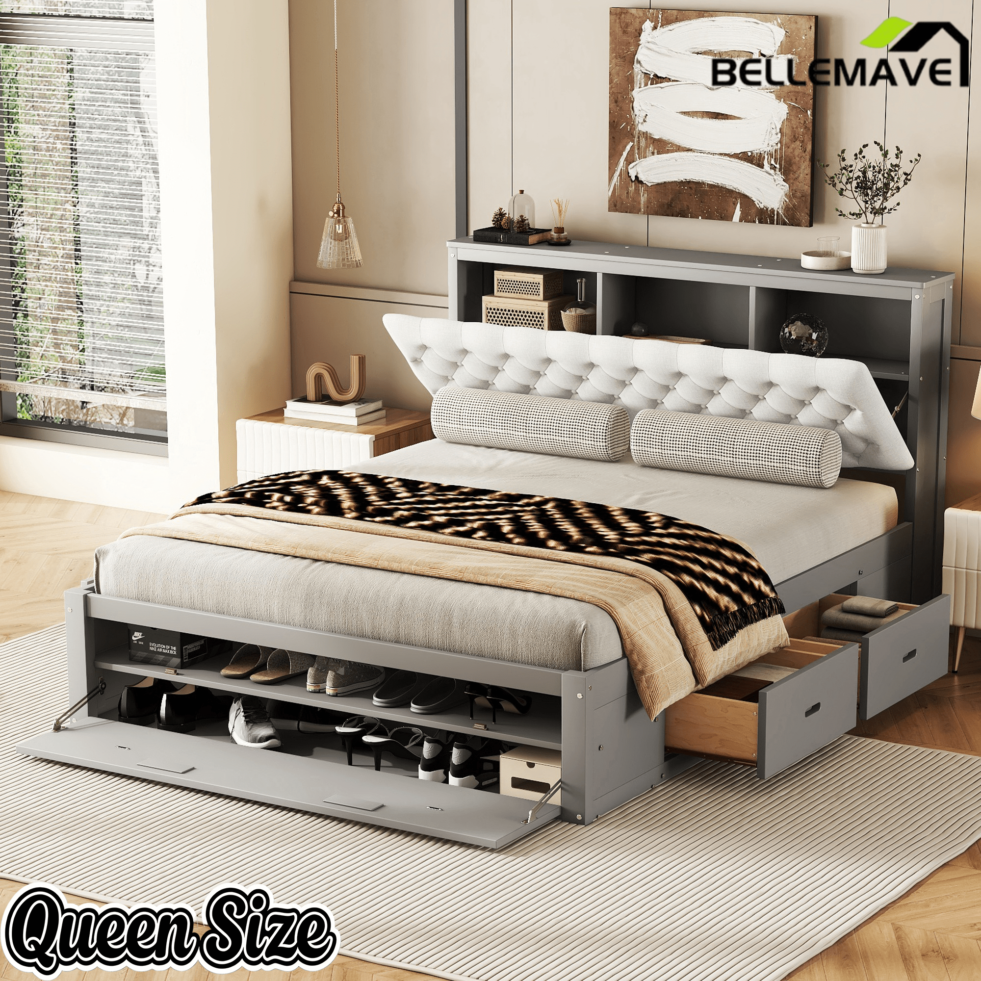 Bellemave® Queen Size Platform Bed with 4 Drawers & Upholstered Storage Headboard, Wooden Queen Bed Frame with Storage Shoe Rack (Espresso/4 Drawers) - Bellemave