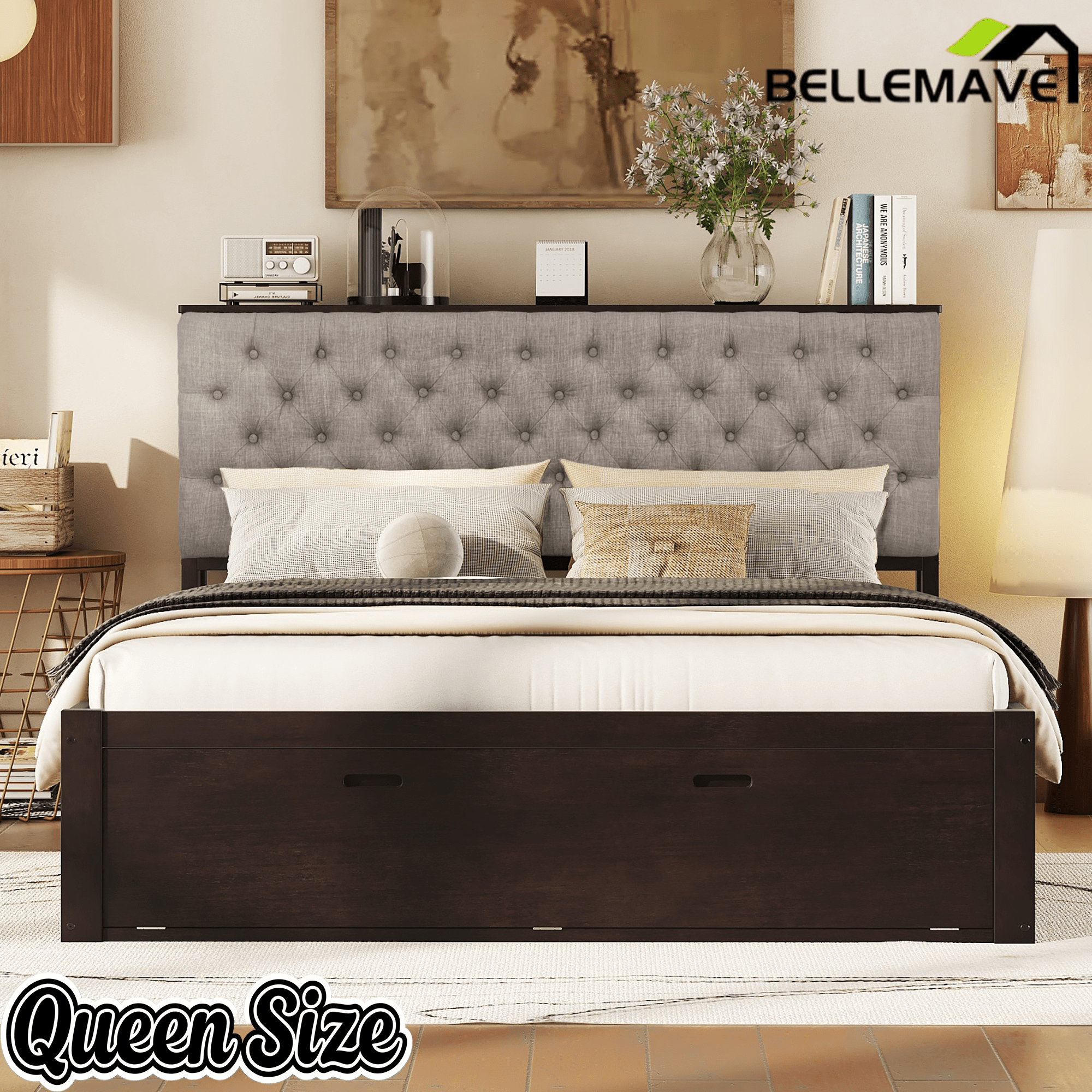 Bellemave® Queen Size Platform Bed with 4 Drawers & Upholstered Storage Headboard, Wooden Queen Bed Frame with Storage Shoe Rack (Espresso/4 Drawers) - Bellemave