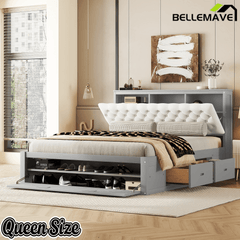 Bellemave® Queen Size Platform Bed with 4 Drawers & Upholstered Storage Headboard, Wooden Queen Bed Frame with Storage Shoe Rack (Espresso/4 Drawers) - Bellemave
