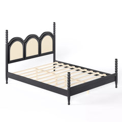 queen platform bed with woven headboard and elevated frame structure
