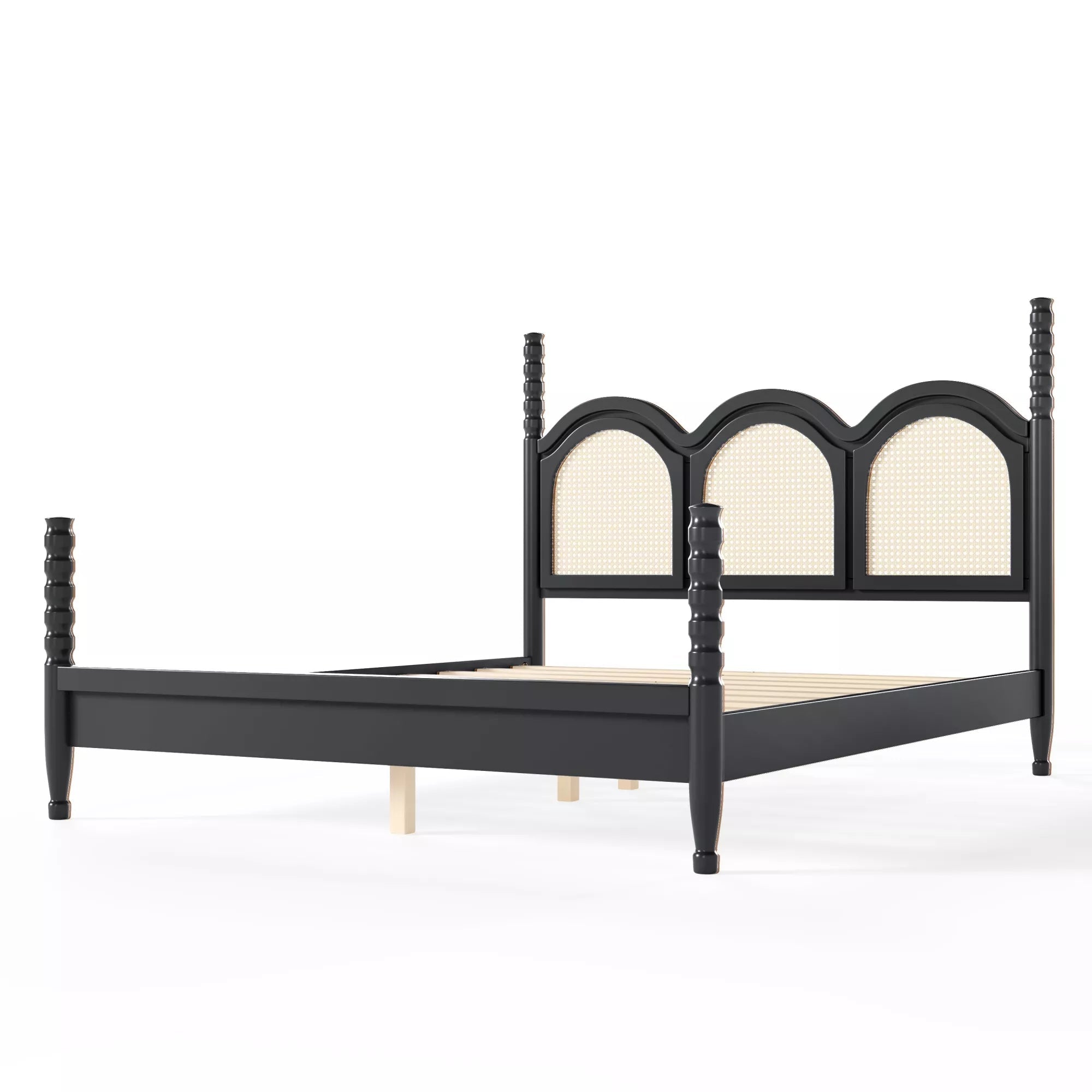 queen size bed with curved arched woven headboard and poster posts