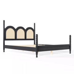 wooden platform bed frame with decorative arched headboard design