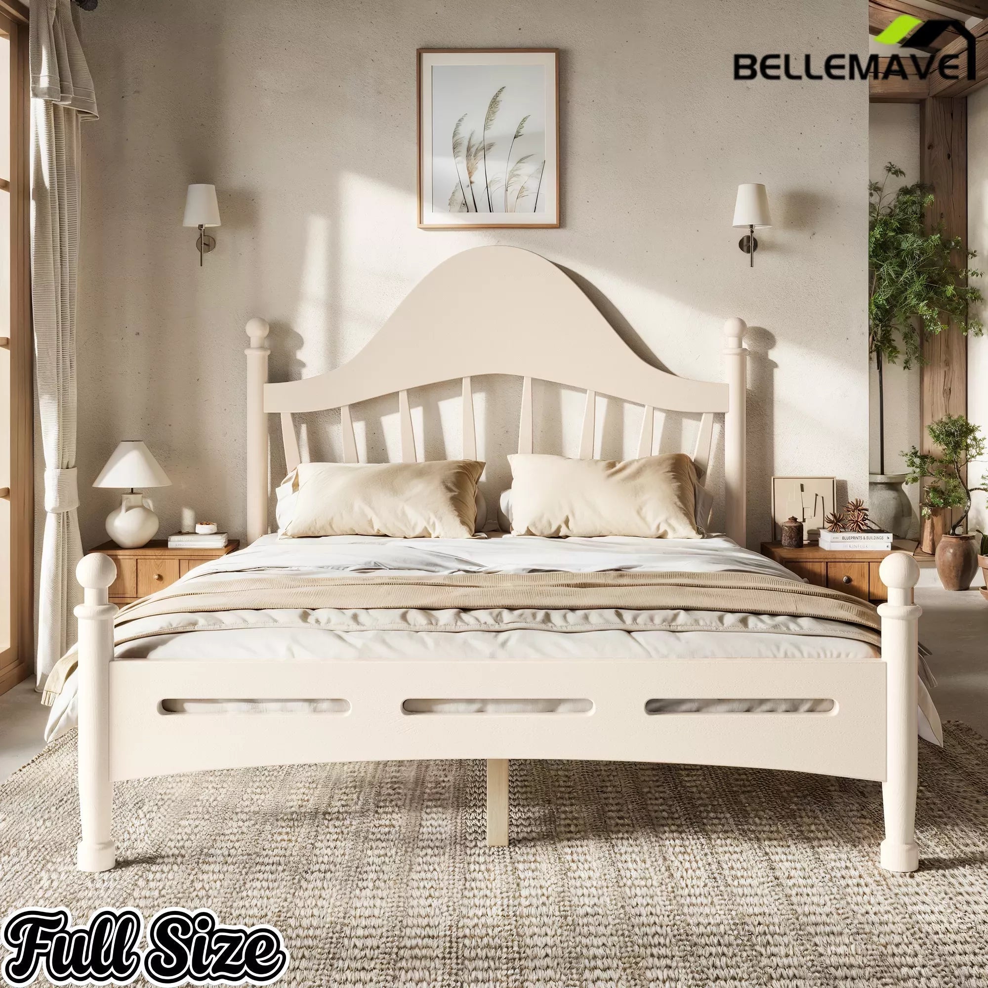 Bellemave® Queen Size Platform Bed with Chic Headboard – Solid Wood Frame, No Box Spring Needed - Bellemave