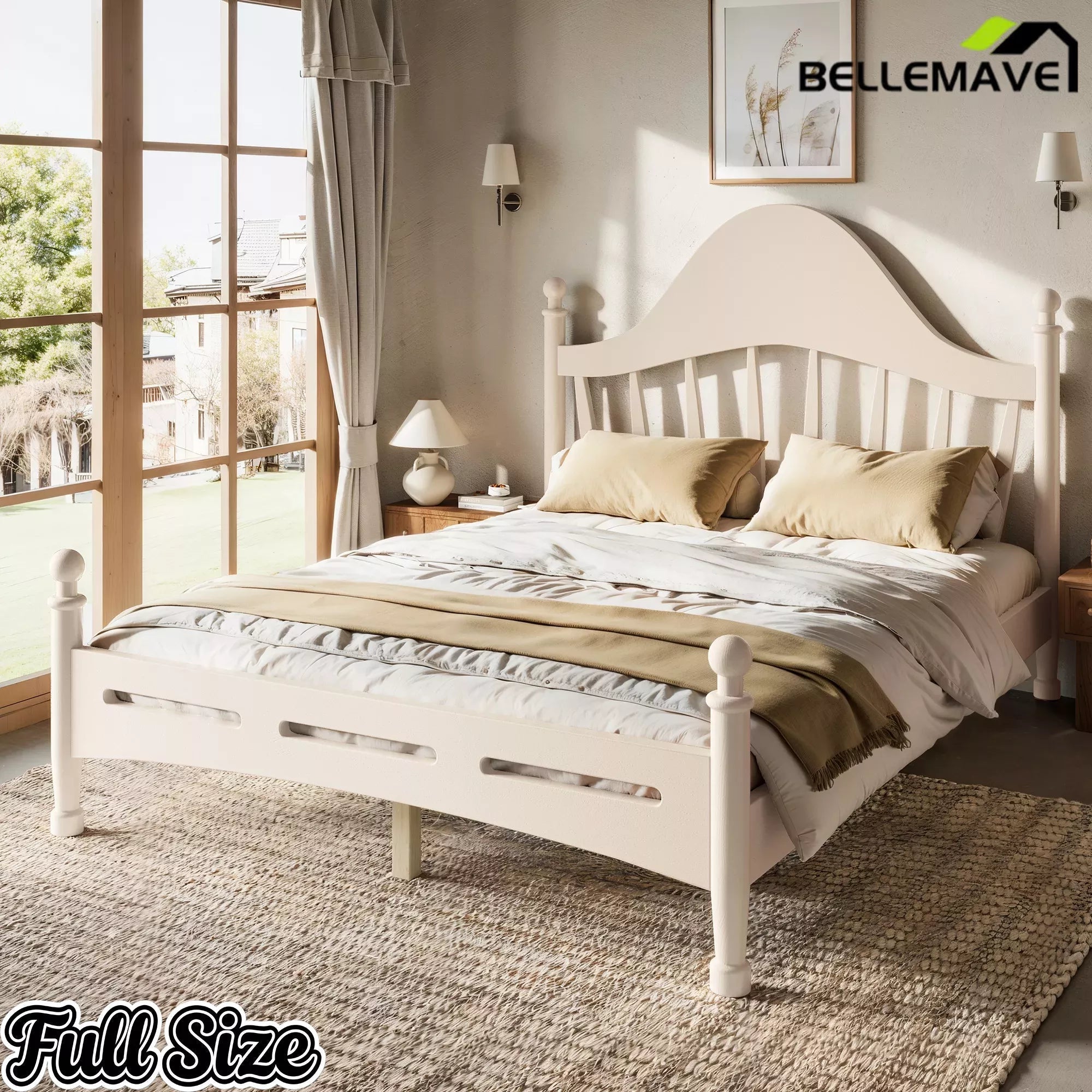 Bellemave® Queen Size Platform Bed with Chic Headboard – Solid Wood Frame, No Box Spring Needed - Bellemave