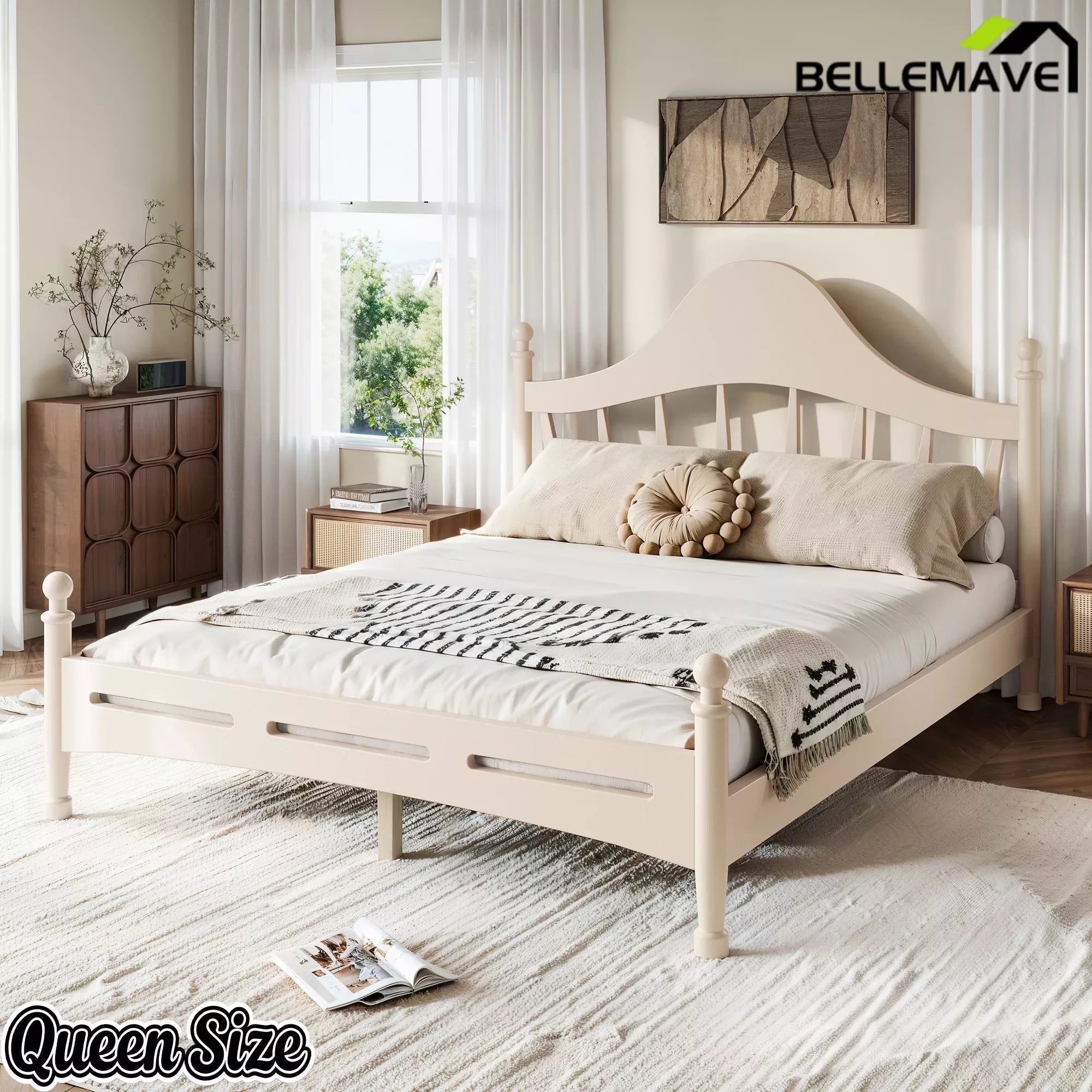 Bellemave® Queen Size Platform Bed with Chic Headboard – Solid Wood Frame, No Box Spring Needed - Bellemave