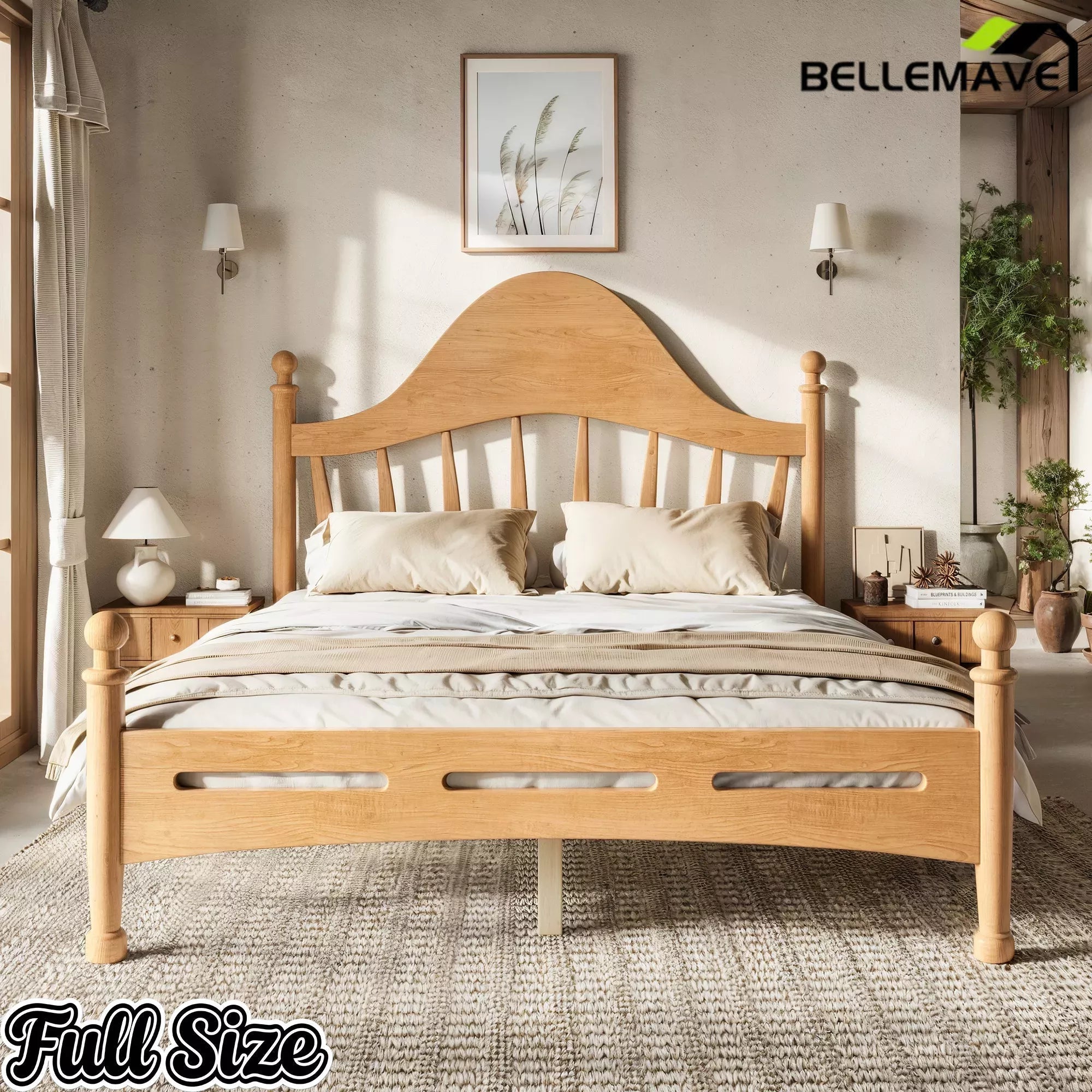 Bellemave® Queen Size Platform Bed with Chic Headboard – Solid Wood Frame, No Box Spring Needed - Bellemave