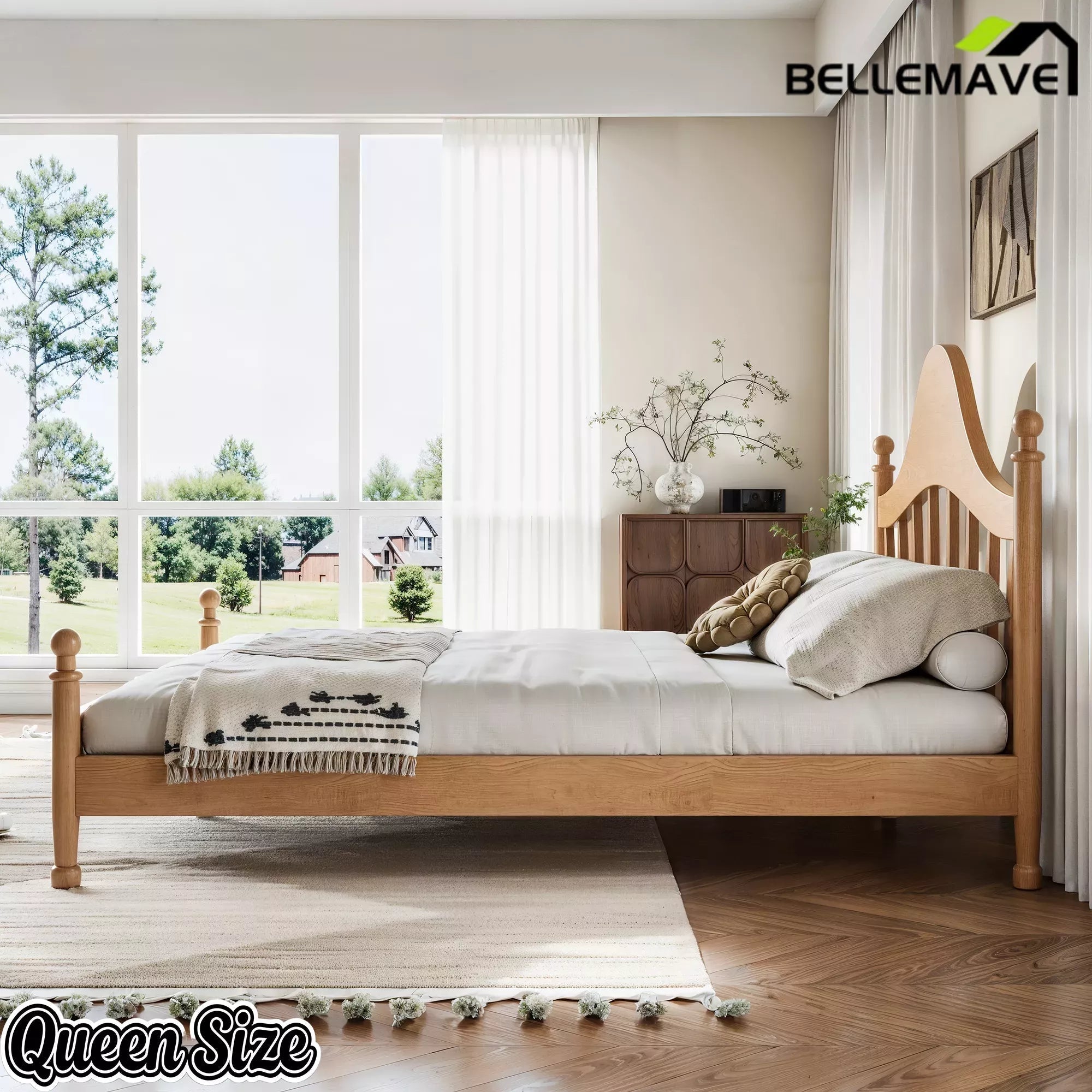 Bellemave® Queen Size Platform Bed with Chic Headboard – Solid Wood Frame, No Box Spring Needed - Bellemave