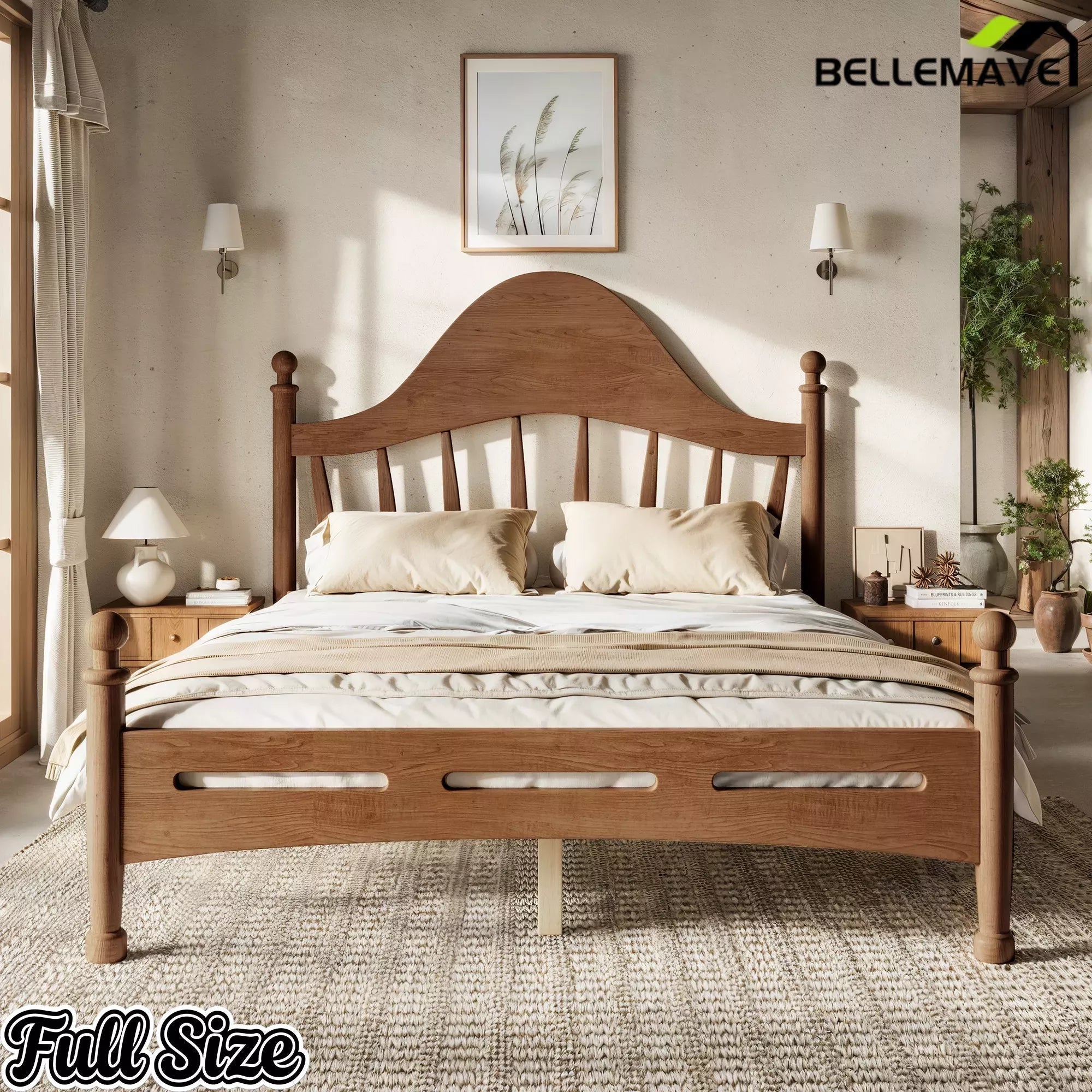 Bellemave® Queen Size Platform Bed with Chic Headboard – Solid Wood Frame, No Box Spring Needed - Bellemave