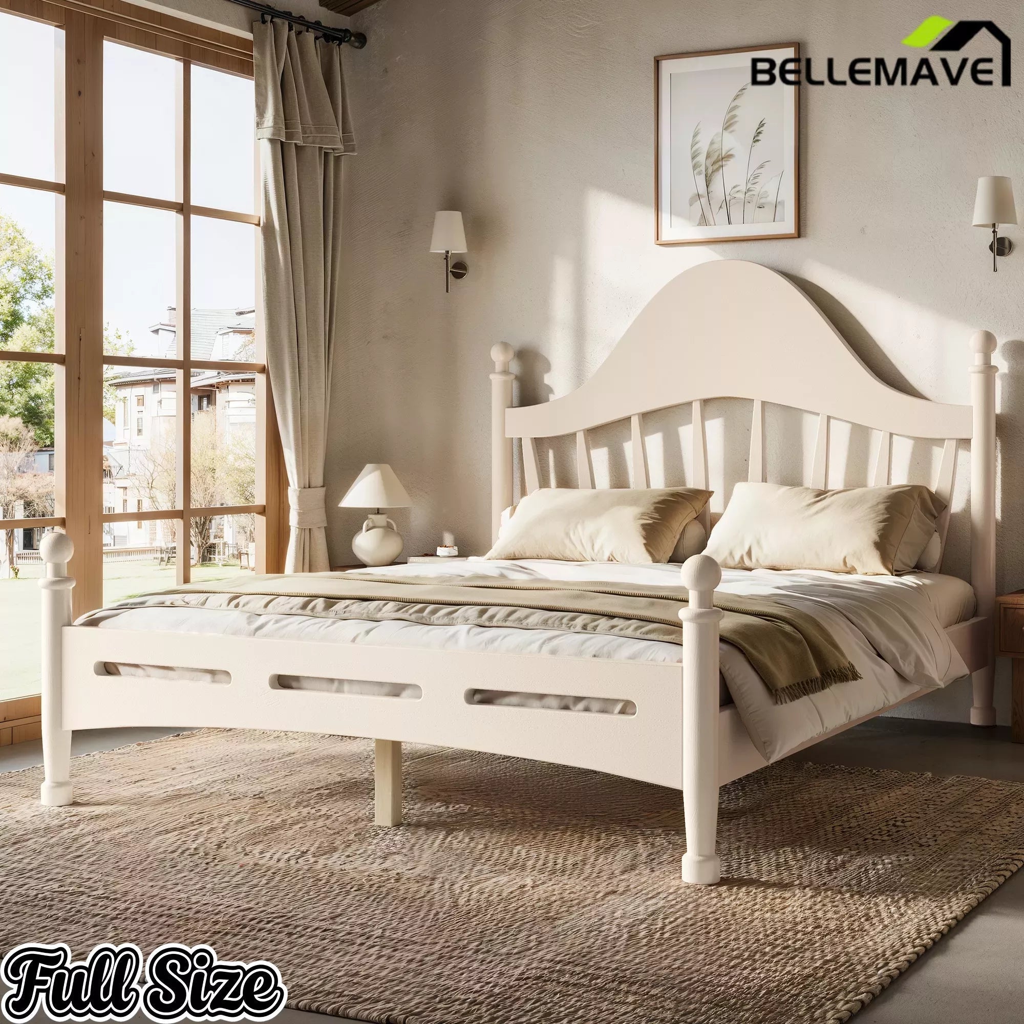 Bellemave® Queen Size Platform Bed with Chic Headboard – Solid Wood Frame, No Box Spring Needed - Bellemave