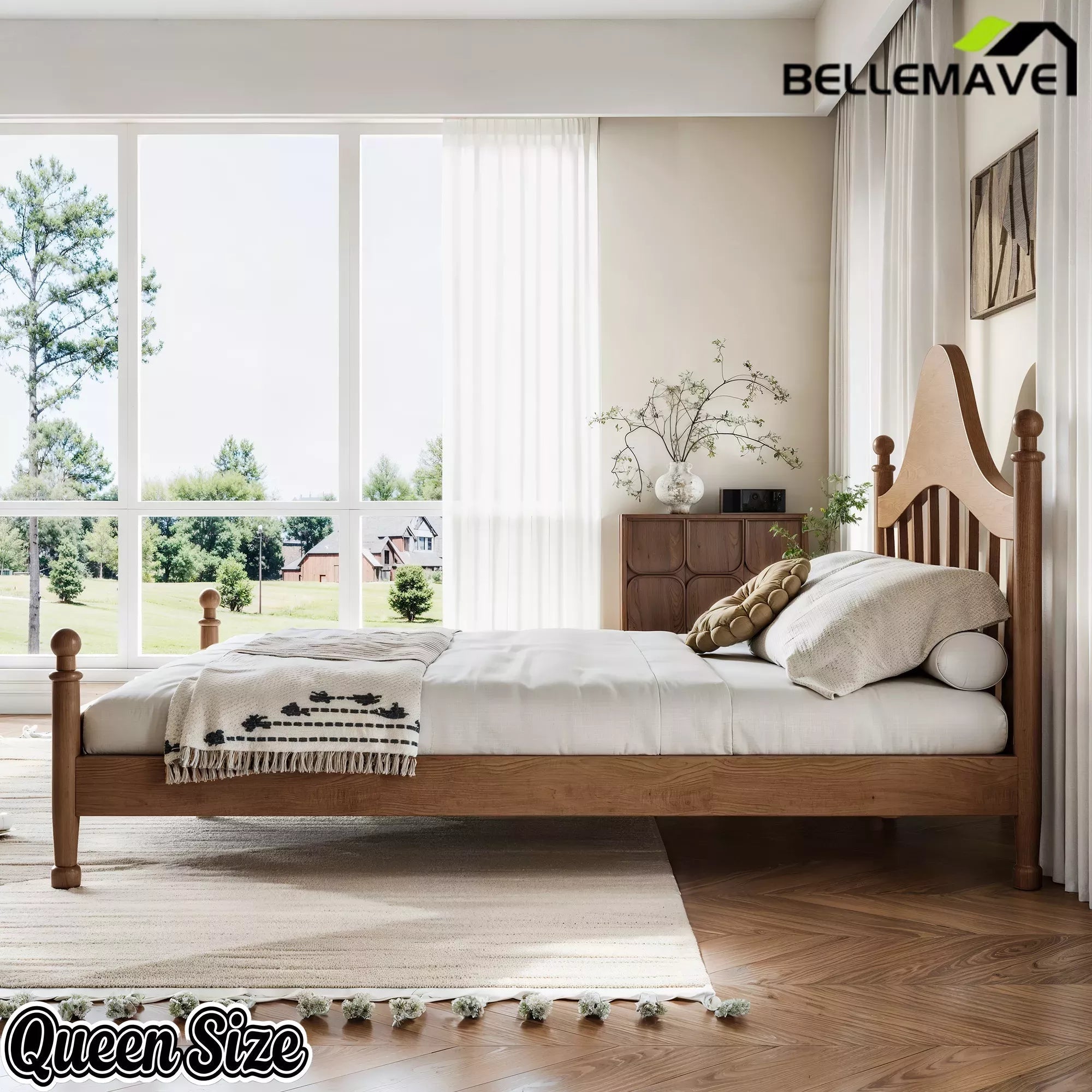 Bellemave® Queen Size Platform Bed with Chic Headboard – Solid Wood Frame, No Box Spring Needed - Bellemave