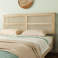 Bellemave® Queen Size Rubber Wooden Platform Bed with Rattan Headboard, Enhanced by Support Feet - Bellemave
