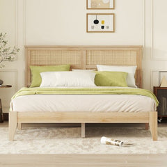 Bellemave® Queen Size Rubber Wooden Platform Bed with Rattan Headboard, Enhanced by Support Feet - Bellemave