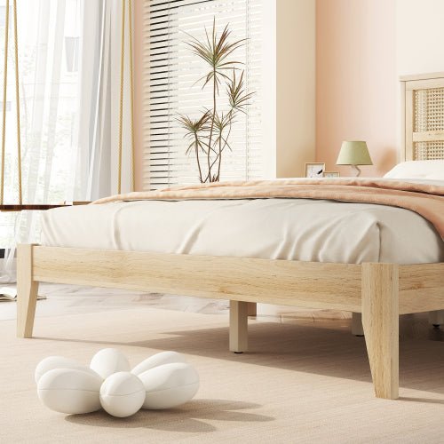 Bellemave® Queen Size Rubber Wooden Platform Bed with Rattan Headboard, Enhanced by Support Feet - Bellemave