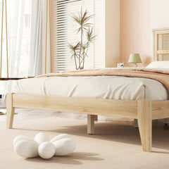 Bellemave® Queen Size Rubber Wooden Platform Bed with Rattan Headboard, Enhanced by Support Feet - Bellemave