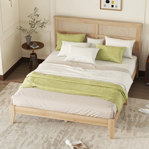 Bellemave® Queen Size Rubber Wooden Platform Bed with Rattan Headboard, Enhanced by Support Feet - Bellemave