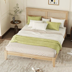 Bellemave® Queen Size Rubber Wooden Platform Bed with Rattan Headboard, Enhanced by Support Feet - Bellemave