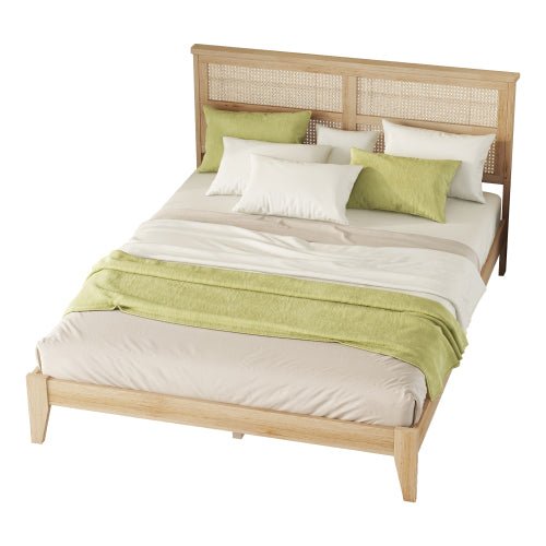Bellemave® Queen Size Rubber Wooden Platform Bed with Rattan Headboard, Enhanced by Support Feet - Bellemave