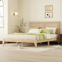 Bellemave® Queen Size Rubber Wooden Platform Bed with Rattan Headboard, Enhanced by Support Feet - Bellemave