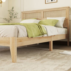 Bellemave® Queen Size Rubber Wooden Platform Bed with Rattan Headboard, Enhanced by Support Feet - Bellemave