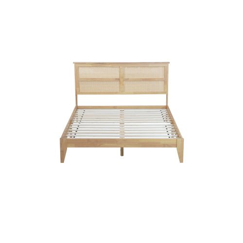 Bellemave® Queen Size Rubber Wooden Platform Bed with Rattan Headboard, Enhanced by Support Feet - Bellemave