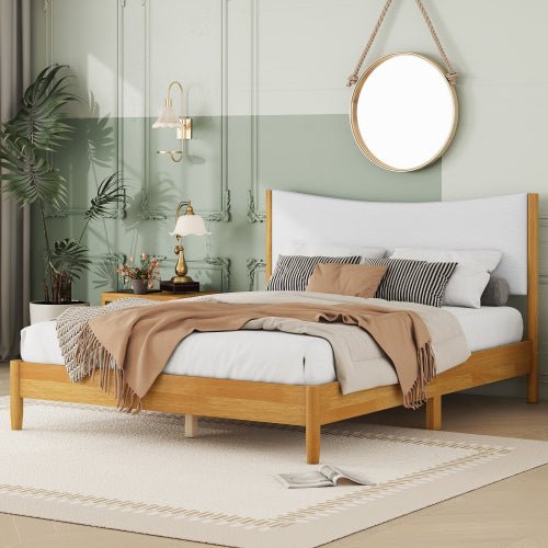Bellemave® Queen Size Rubber Wooden Platform Bed with Teddy Velvet Cushion Upholstered Headboard, Enhanced by Support Feet - Bellemave