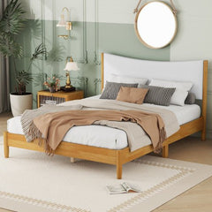 Bellemave® Queen Size Rubber Wooden Platform Bed with Teddy Velvet Cushion Upholstered Headboard, Enhanced by Support Feet - Bellemave