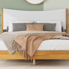 Bellemave® Queen Size Rubber Wooden Platform Bed with Teddy Velvet Cushion Upholstered Headboard, Enhanced by Support Feet - Bellemave
