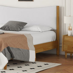 Bellemave® Queen Size Rubber Wooden Platform Bed with Teddy Velvet Cushion Upholstered Headboard, Enhanced by Support Feet - Bellemave