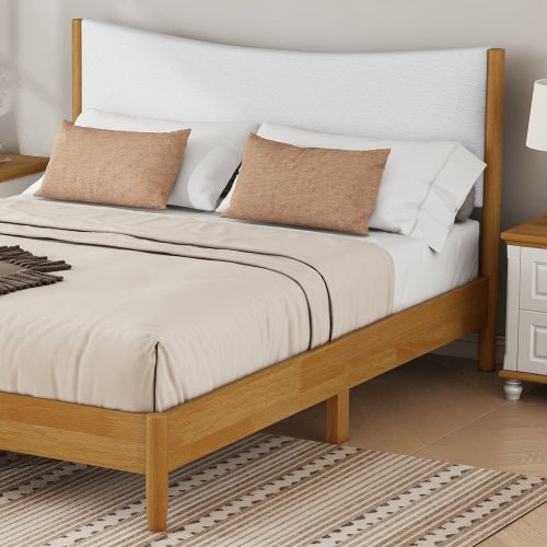 Bellemave® Queen Size Rubber Wooden Platform Bed with Teddy Velvet Cushion Upholstered Headboard, Enhanced by Support Feet - Bellemave