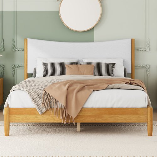 Bellemave® Queen Size Rubber Wooden Platform Bed with Teddy Velvet Cushion Upholstered Headboard, Enhanced by Support Feet - Bellemave