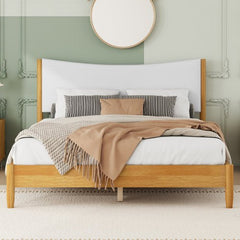 Bellemave® Queen Size Rubber Wooden Platform Bed with Teddy Velvet Cushion Upholstered Headboard, Enhanced by Support Feet - Bellemave