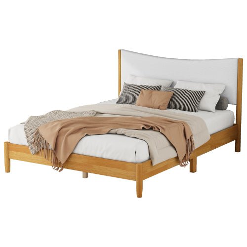 Bellemave® Queen Size Rubber Wooden Platform Bed with Teddy Velvet Cushion Upholstered Headboard, Enhanced by Support Feet - Bellemave