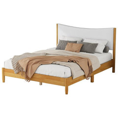 Bellemave® Queen Size Rubber Wooden Platform Bed with Teddy Velvet Cushion Upholstered Headboard, Enhanced by Support Feet - Bellemave