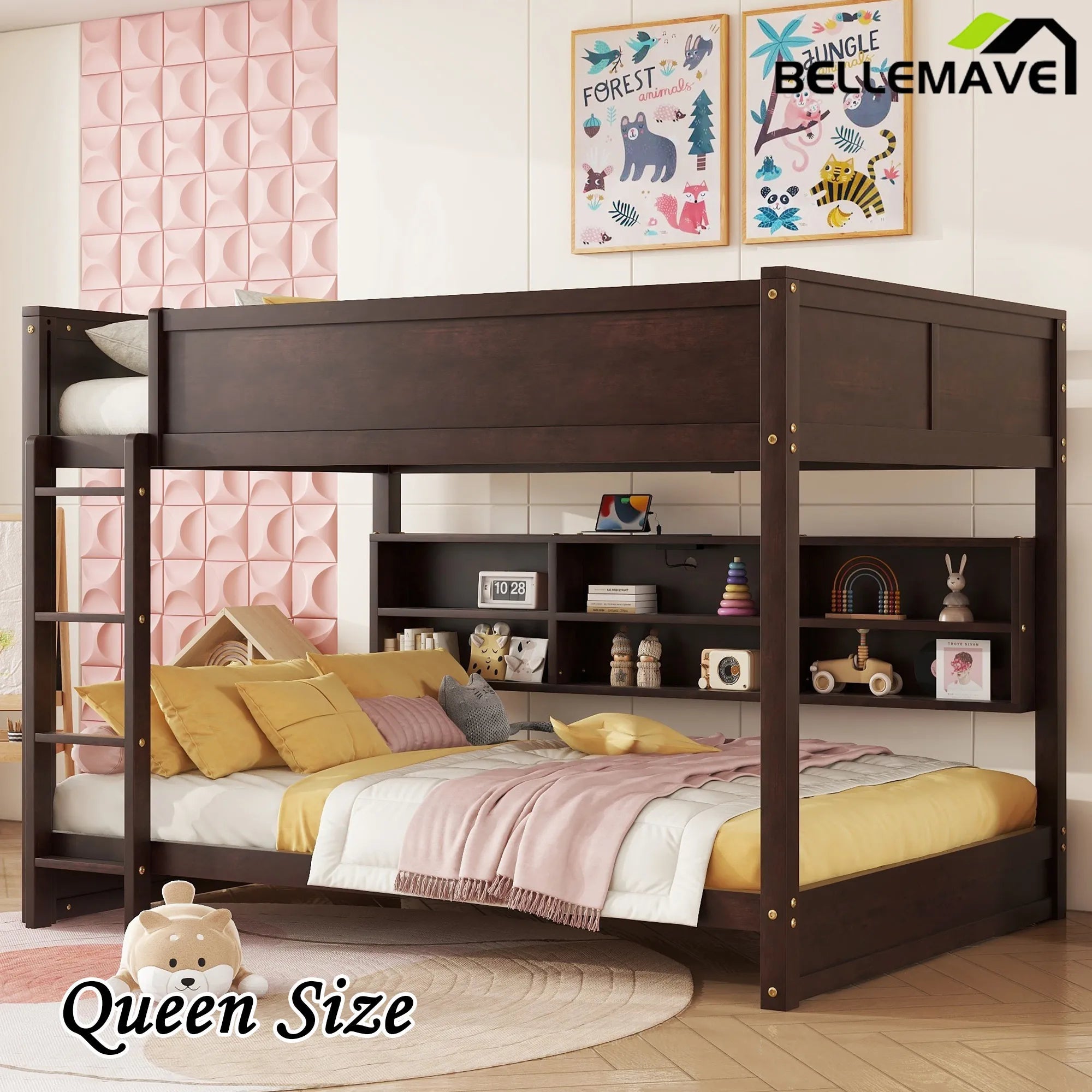 Bellemave® Queen Size Solid Pine Wood Bunk Bed with Built - in Storage Cabinets, Charging Station, Ladder, Safety Guardrails - Bellemave